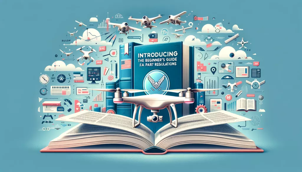 Illustration of a drone rising from an open book, promoting a beginner's guide to FAA Part 107