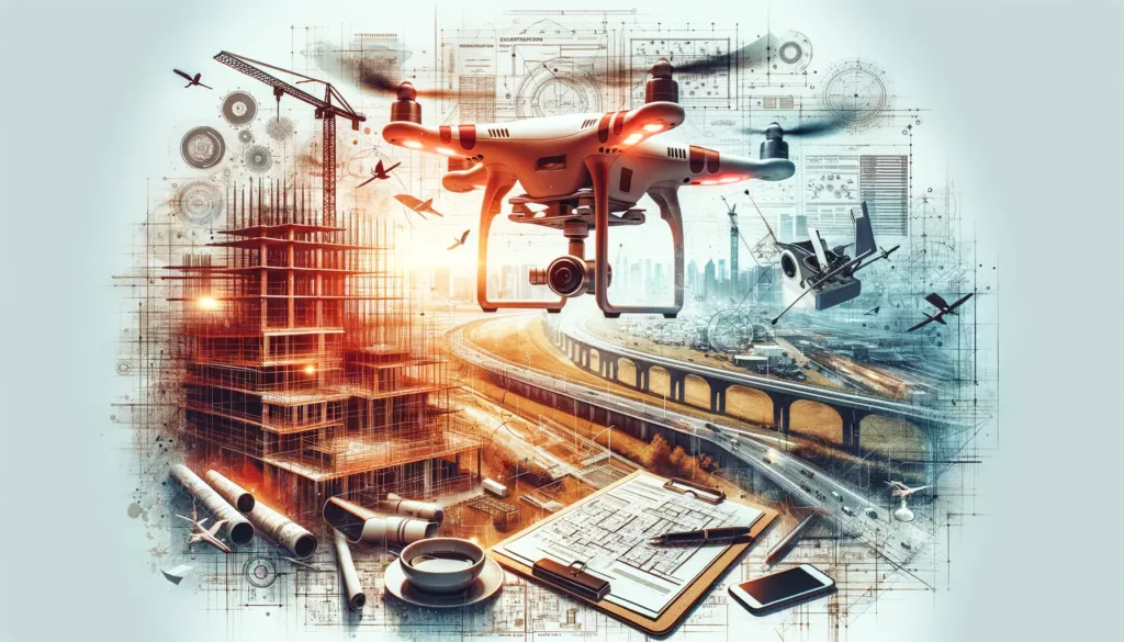 Illustration of a drone flying over a construction collage with blueprints, cranes and a tablet