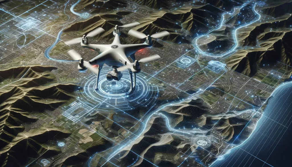 Illustration of a survey drone scanning terrain with digital 3D mapping overlays