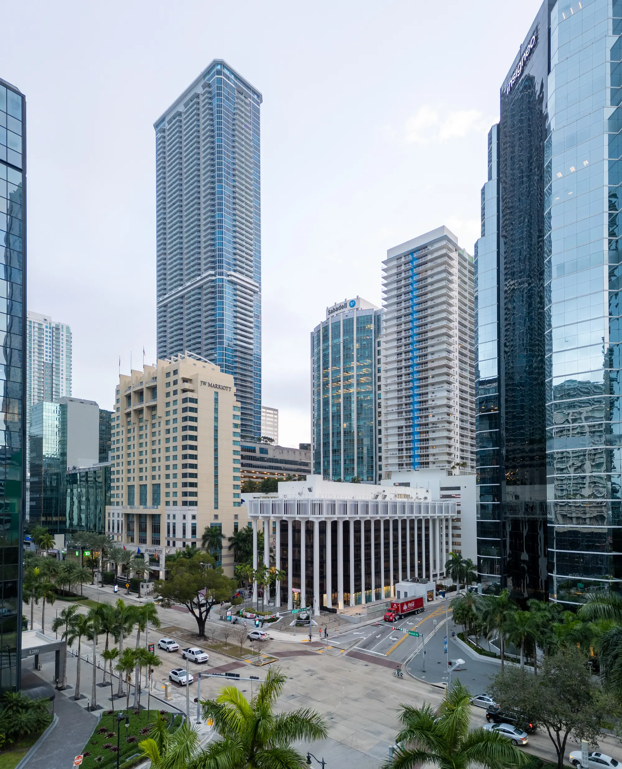 Vertical aerial of Brickell Avenue towers and the 1200 Brickell building in downtown Miami