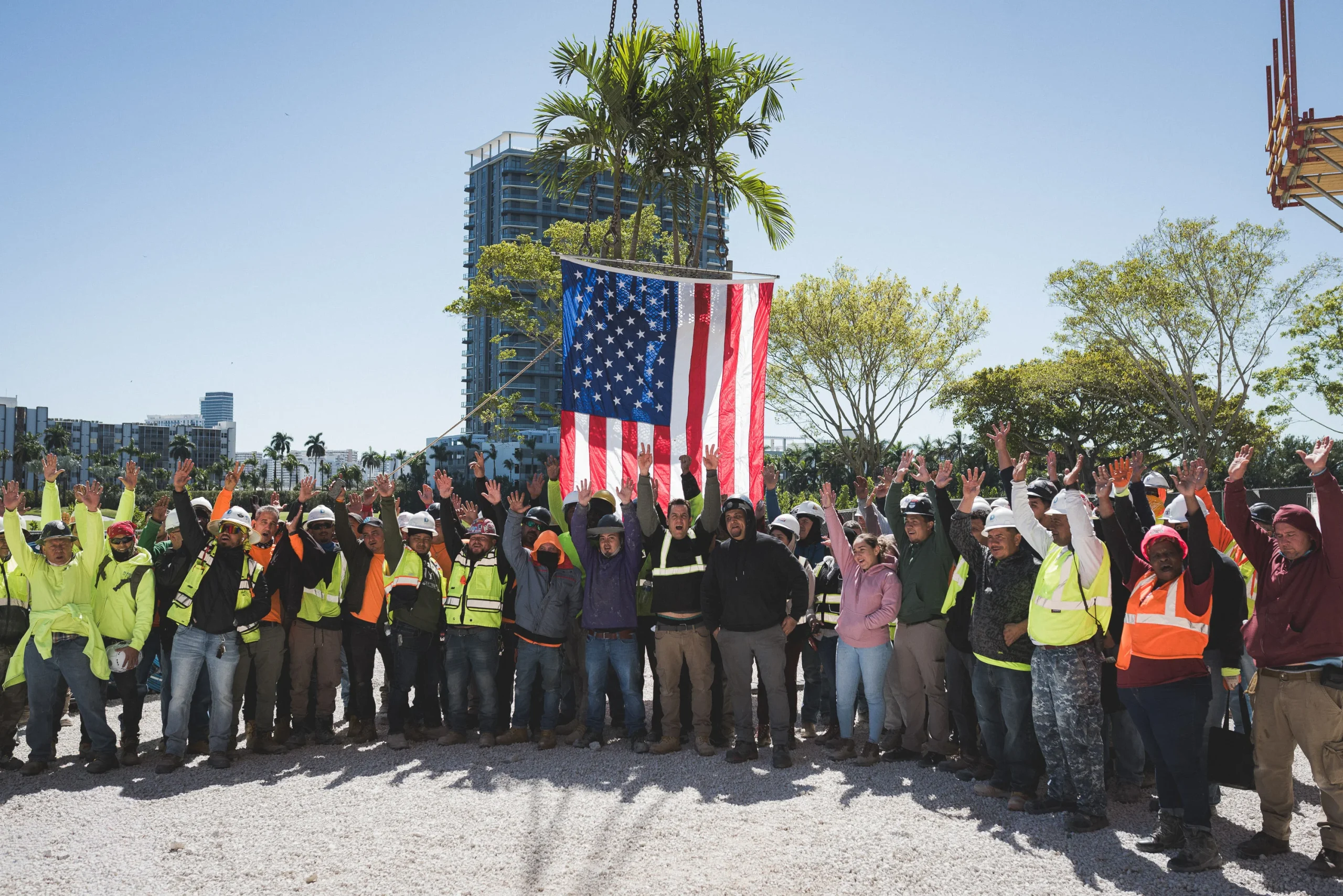 Construction crew documented at the Tower 200 topping out ceremony at Shell Bay