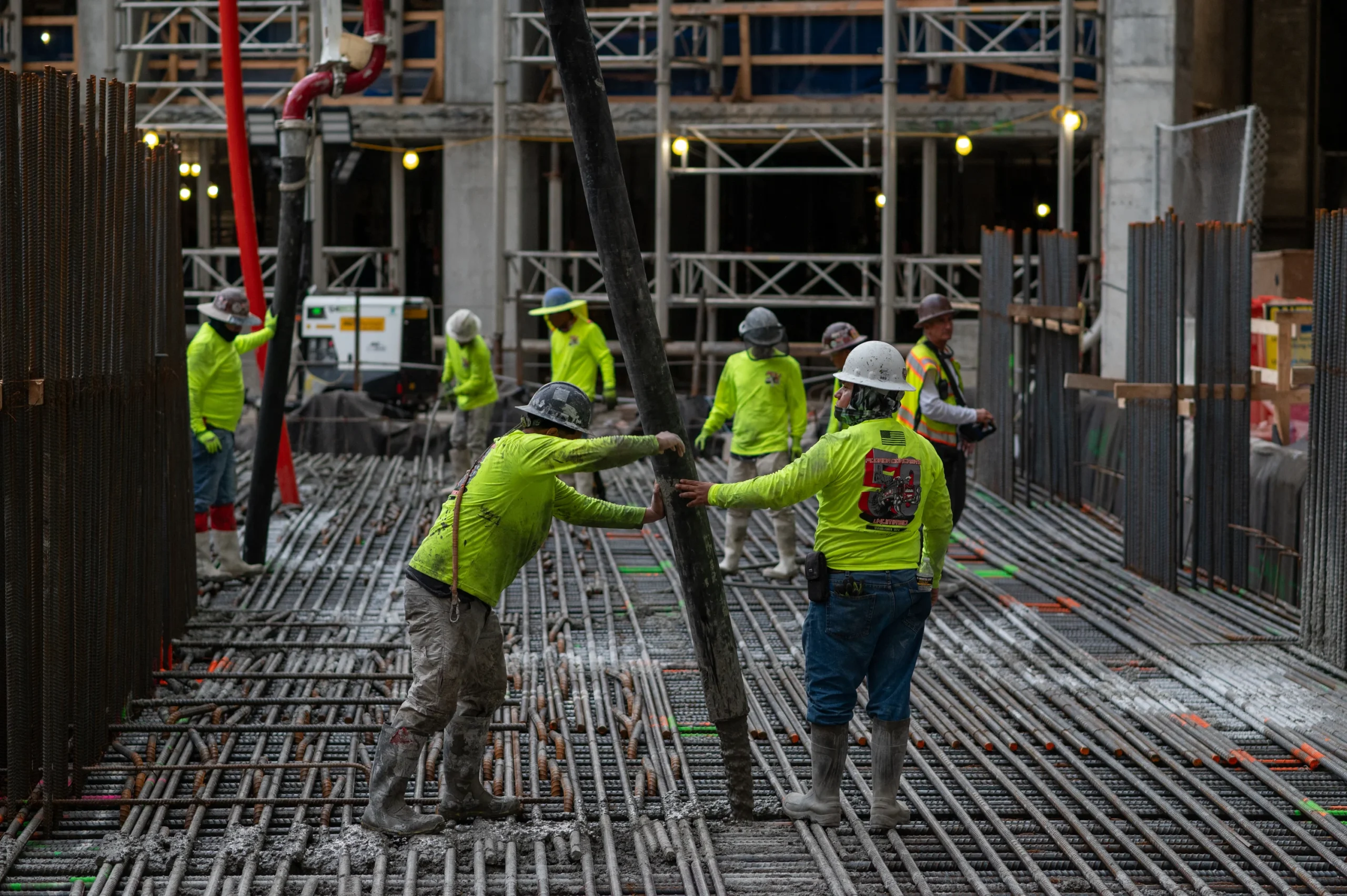 Ground level photography of crews working the Baccarat Residences foundation pour in Brickell, Miami, by Drone Permission