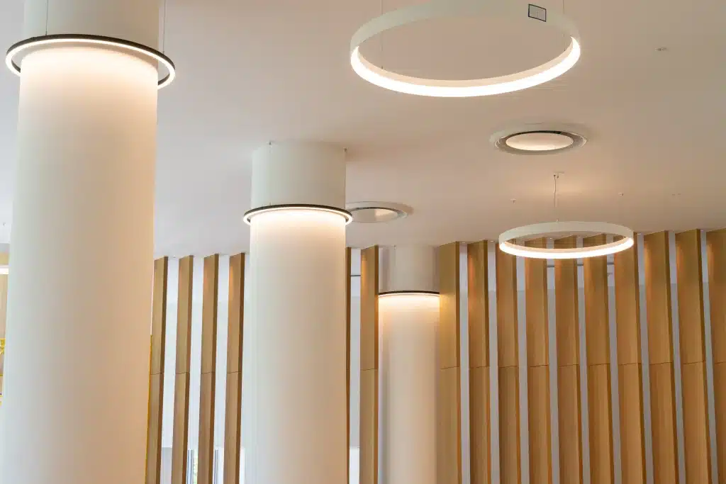 Modern wood-paneled residential lobby at the Flamingo building in Miami Beach, photographed by Drone Permission